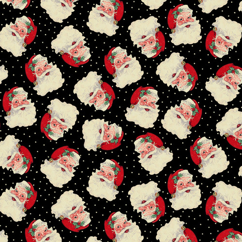 Timeless Treasures  Fabrics Christmas Memories Tossed Santas Head And Dots Black-1