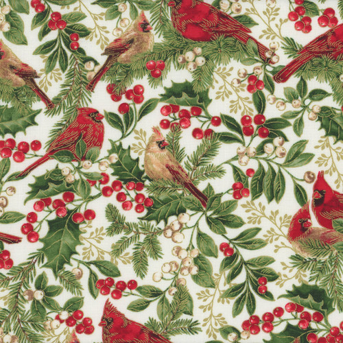 Timeless Treasures Fabrics Deck The Halls Cardinal On Branches Cream, scan